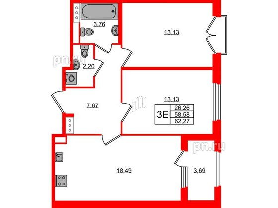 Квартира в ЖК Дубровский, 2 комнатная, 58.58 м², 2 этаж