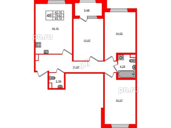 Квартира в ЖК Дубровский, 3 комнатная, 79.62 м², 1 этаж