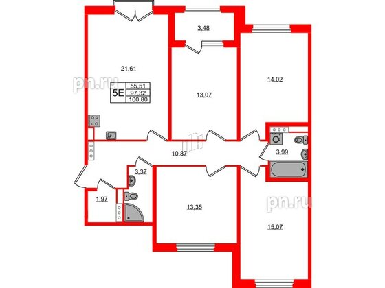 Квартира в ЖК Дубровский, 4 комнатная, 97.32 м², 2 этаж