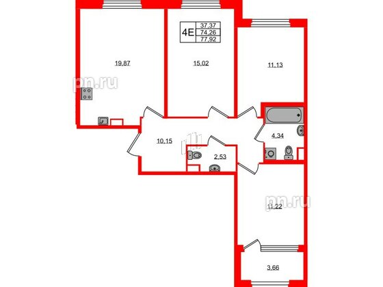 Квартира в ЖК Дубровский, 3 комнатная, 74.26 м², 1 этаж