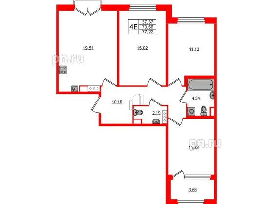 Квартира в ЖК Дубровский, 3 комнатная, 73.56 м², 2 этаж