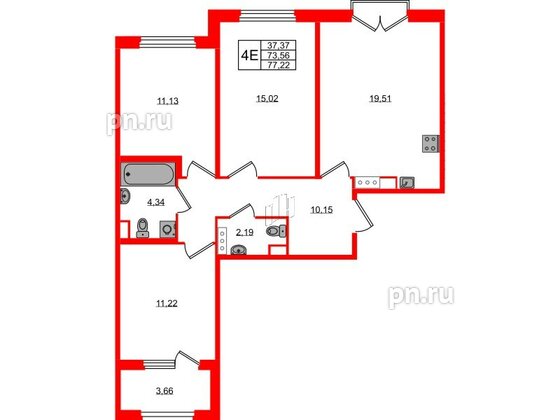 Квартира в ЖК Дубровский, 3 комнатная, 73.56 м², 2 этаж