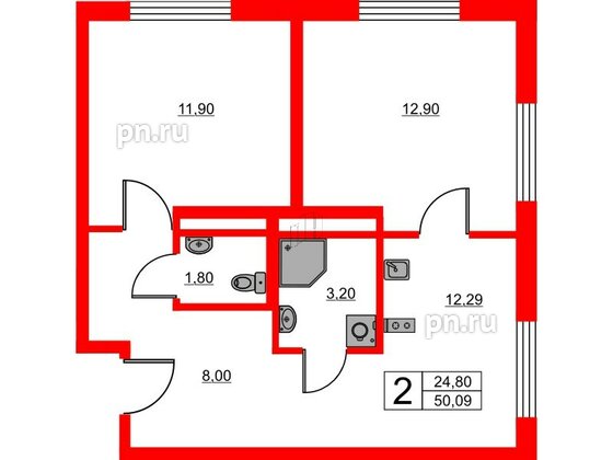Апартаменты в ЖК Avenue Apart Pulkovo, 2 комнатные, 50.09 м², 10 этаж