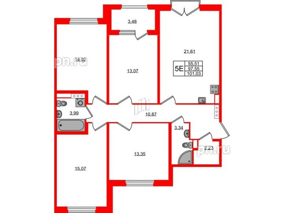 Квартира в ЖК Дубровский, 4 комнатная, 97.55 м², 2 этаж