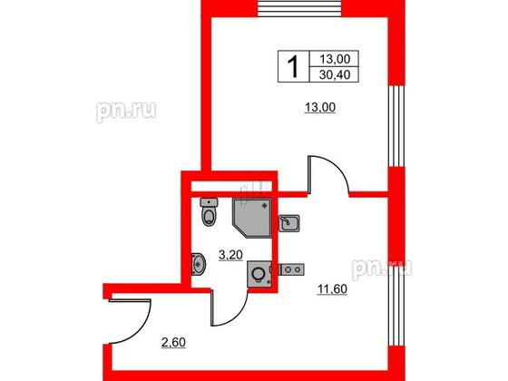 Апартаменты в ЖК «Авеню Апарт Пулково», 1 комнатные, 30.4 м², 4 этаж