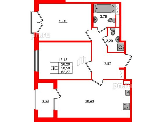 Квартира в ЖК Дубровский, 2 комнатная, 58.58 м², 3 этаж