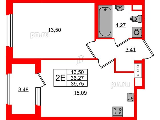 Квартира в ЖК Дубровский, 1 комнатная, 36.27 м², 2 этаж