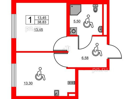 Апартаменты в ЖК «Авеню Апарт Пулково», 1 комнатные, 38.83 м², 6 этаж