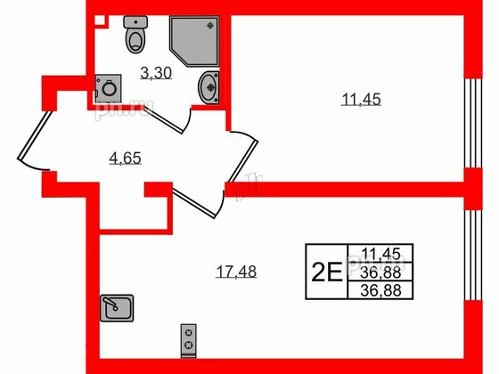 Квартира в ЖК 'Морская миля', 1 комнатная, 36.88 м², 2 этаж