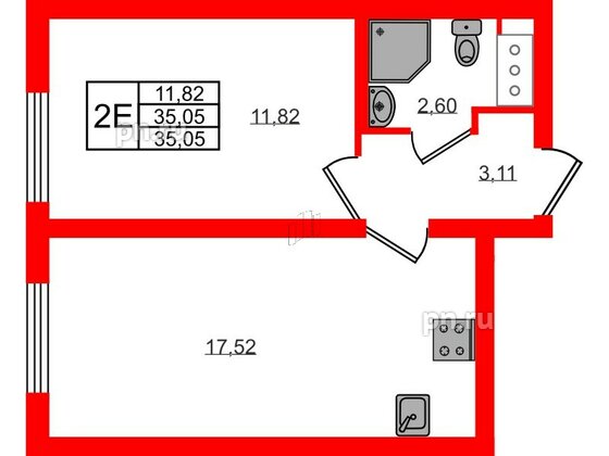 Квартира в ЖК 'Морская миля', 1 комнатная, 35.05 м², 3 этаж