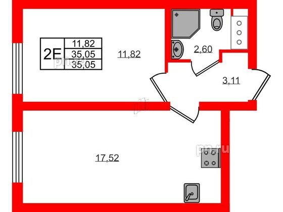 Квартира в ЖК 'Морская миля', 1 комнатная, 35.05 м², 6 этаж