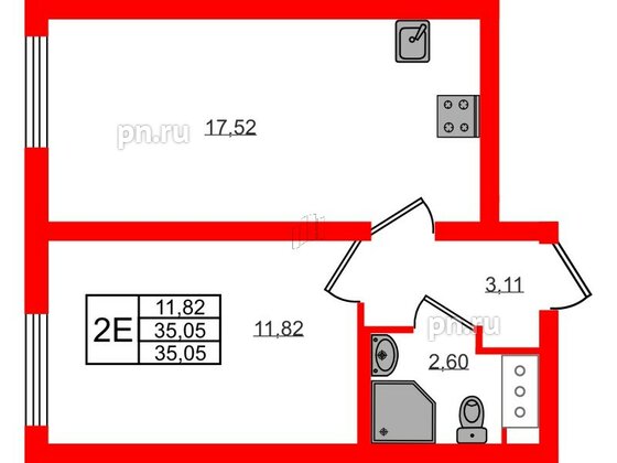 Квартира в ЖК 'Морская миля', 1 комнатная, 35.05 м², 3 этаж