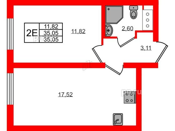 Квартира в ЖК 'Морская миля', 1 комнатная, 35.05 м², 3 этаж