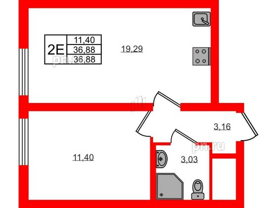 Квартира в ЖК 'Морская миля', 1 комнатная, 36.88 м², 3 этаж