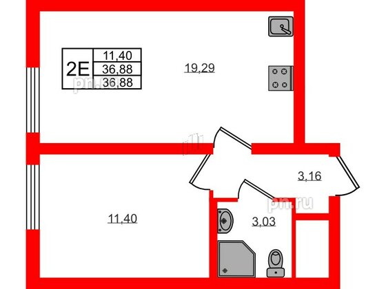 Квартира в ЖК 'Морская миля', 1 комнатная, 36.88 м², 6 этаж