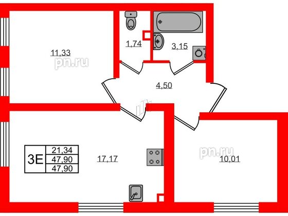 Квартира в ЖК 'Морская миля', 2 комнатная, 47.9 м², 2 этаж