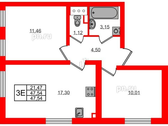 Квартира в ЖК 'Морская миля', 2 комнатная, 47.54 м², 3 этаж