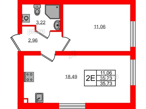 Квартира в ЖК 'Морская миля', 1 комнатная, 35.73 м², 3 этаж