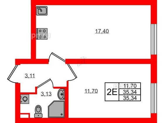 Квартира в ЖК 'Морская миля', 1 комнатная, 35.34 м², 2 этаж