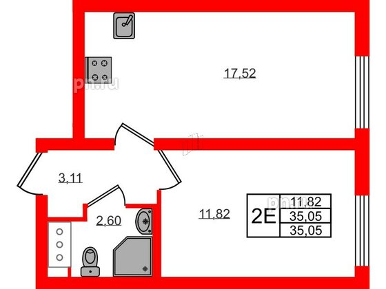 Квартира в ЖК 'Морская миля', 1 комнатная, 35.05 м², 3 этаж