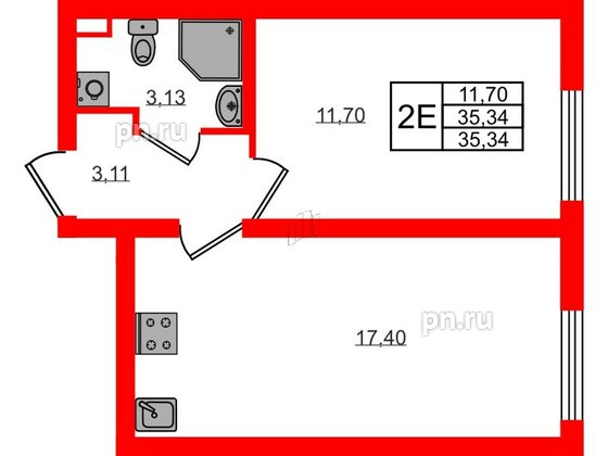 Квартира в ЖК 'Морская миля', 1 комнатная, 35.34 м², 2 этаж