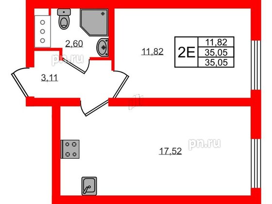 Квартира в ЖК 'Морская миля', 1 комнатная, 35.05 м², 3 этаж