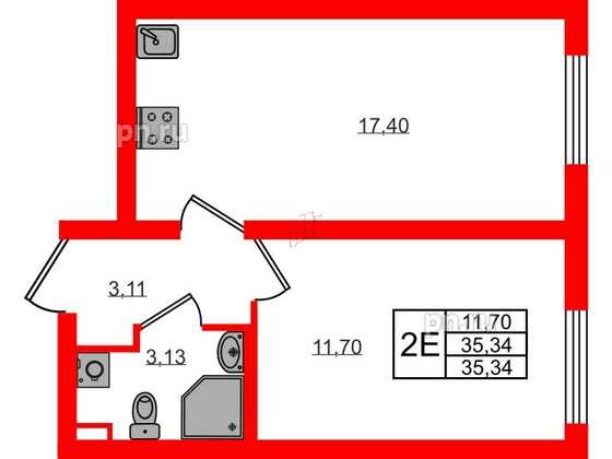 Квартира в ЖК 'Морская миля', 1 комнатная, 35.34 м², 2 этаж