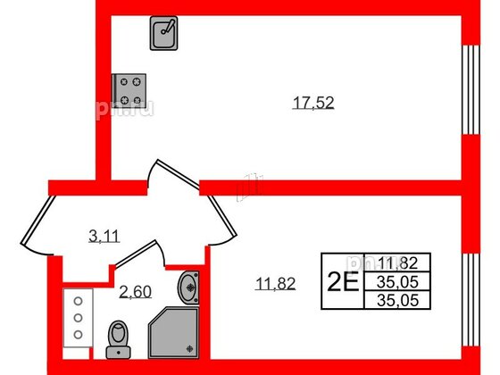 Квартира в ЖК 'Морская миля', 1 комнатная, 35.05 м², 3 этаж