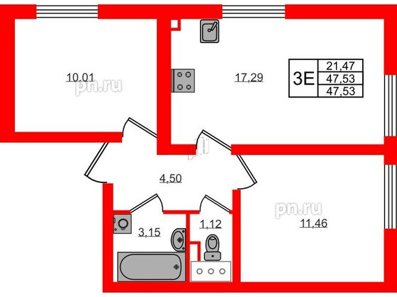 Квартира в ЖК 'Морская миля', 2 комнатная, 47.53 м², 3 этаж