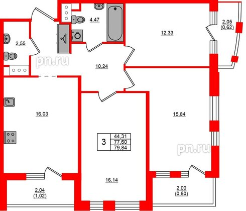 Квартира в ЖК «Респект», 3 комнатная, 79.24 м², 10 этаж