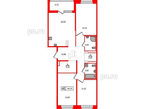 Квартира в ЖК Ultra City 3.0, 3 комнатная, 89.3 м², 3 этаж