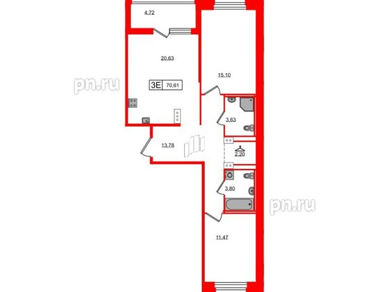 Квартира в ЖК Ultra City 3.0, 2 комнатная, 70.61 м², 4 этаж