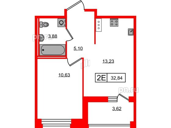 Квартира в ЖК Ultra City 3.0, 1 комнатная, 32.84 м², 4 этаж