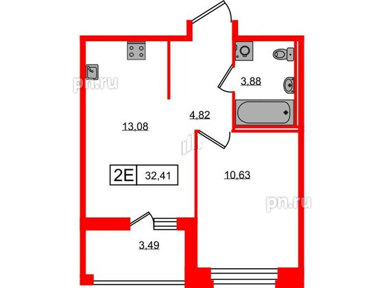 Квартира в ЖК Ultra City 3.0, 1 комнатная, 32.41 м², 2 этаж