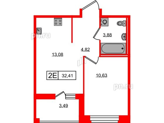 Квартира в ЖК Ultra City 3.0, 1 комнатная, 32.41 м², 16 этаж