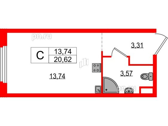 Апартаменты в ЖК ZOOM на Неве, студия, 20.62 м², 3 этаж