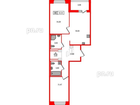 Квартира в ЖК Ultra City 3.0, 2 комнатная, 63.93 м², 6 этаж