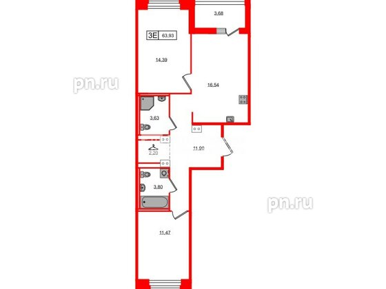 Квартира в ЖК «Ультра Сити 3.0», 2 комнатная, 63.93 м², 10 этаж