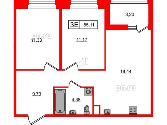 Квартира в ЖК Ultra City 3.0, 2 комнатная, 55.11 м², 2 этаж