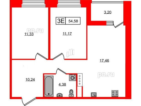 Квартира в ЖК Ultra City 3.0, 2 комнатная, 54.58 м², 3 этаж