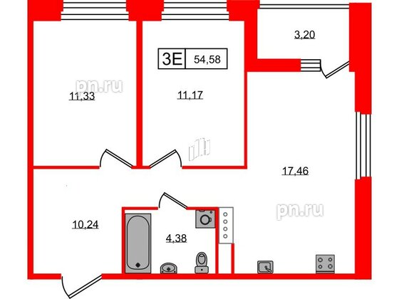 Квартира в ЖК Ultra City 3.0, 2 комнатная, 54.58 м², 16 этаж