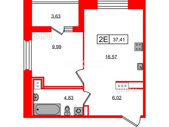 Квартира в ЖК «Ультра Сити 3.0», 1 комнатная, 37.41 м², 15 этаж