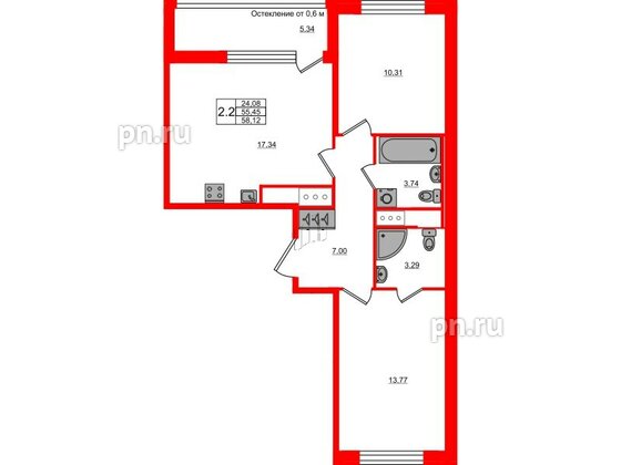 Квартира в ЖК «Город звёзд», 2 комнатная, 55.45 м², 12 этаж