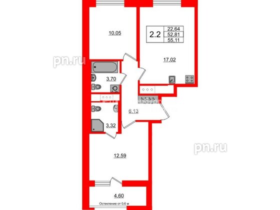 Квартира в ЖК «Город звёзд», 2 комнатная, 52.81 м², 3 этаж