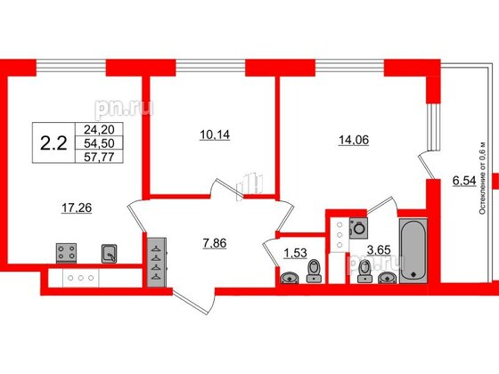 Квартира в ЖК «Город звёзд», 2 комнатная, 54.5 м², 20 этаж