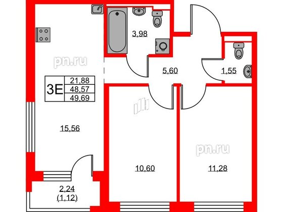 Квартира в ЖК GloraX Новоселье, 2 комнатная, 49.69 м², 6 этаж