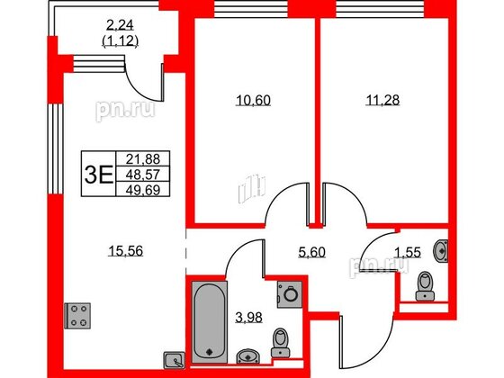 Квартира в ЖК GloraX Новоселье, 2 комнатная, 49.69 м², 4 этаж