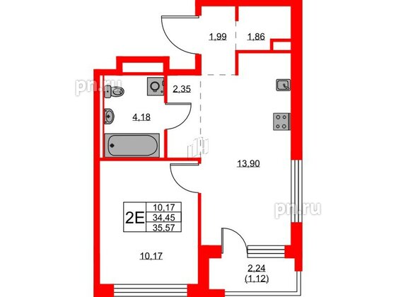 Квартира в ЖК «Новоселье», 1 комнатная, 35.57 м², 7 этаж