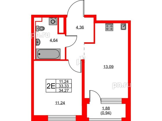 Квартира в ЖК «Новоселье», 1 комнатная, 34.27 м², 1 этаж