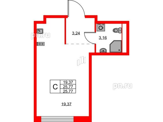 Квартира в ЖК «Новоселье», студия, 25.77 м², 1 этаж